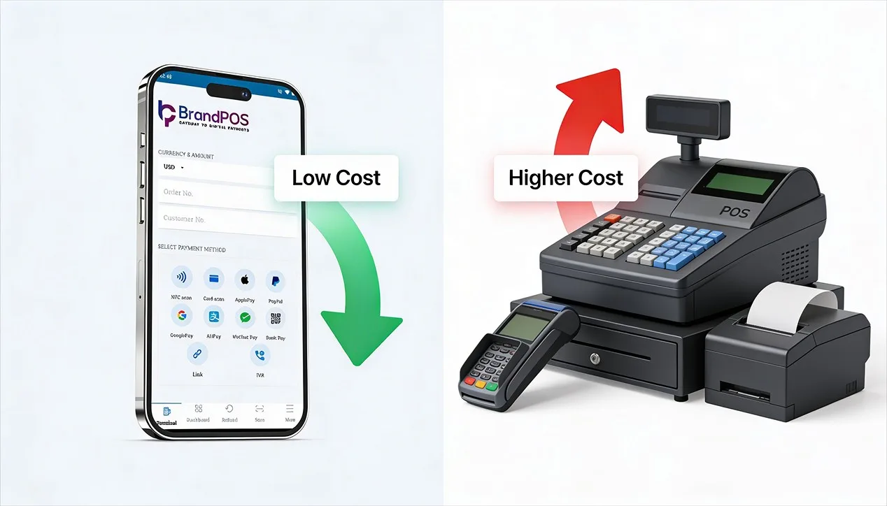 Konzeptillustration, die SoftPOS auf einem Smartphone im Vergleich zu sperriger traditioneller POS-Hardware mit visuellen Elementen zum Kostenvergleich zeigt