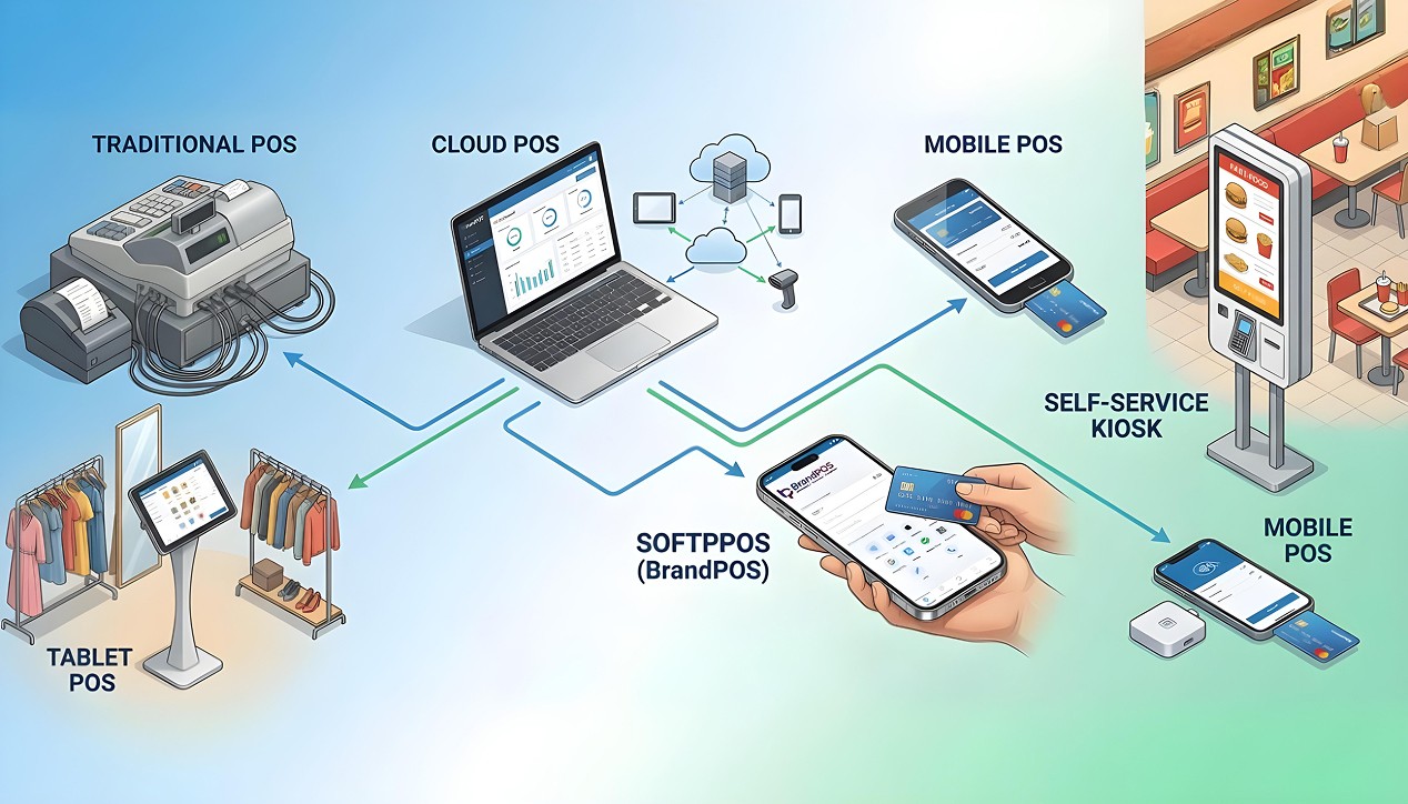 Infografik zum Vergleich verschiedener Arten von POS-Systemen, darunter traditionelle, Cloud- und SoftPOS