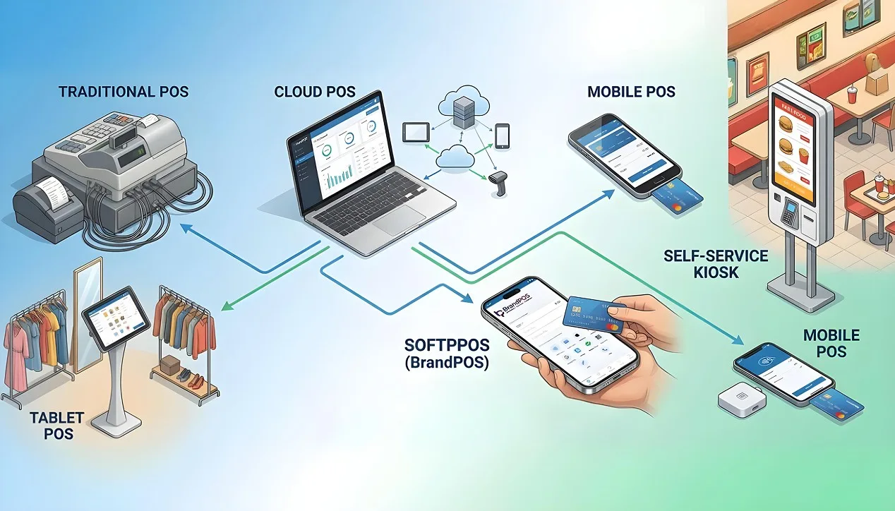 Infografik zum Vergleich verschiedener Arten von POS-Systemen, darunter traditionelle, Cloud- und SoftPOS