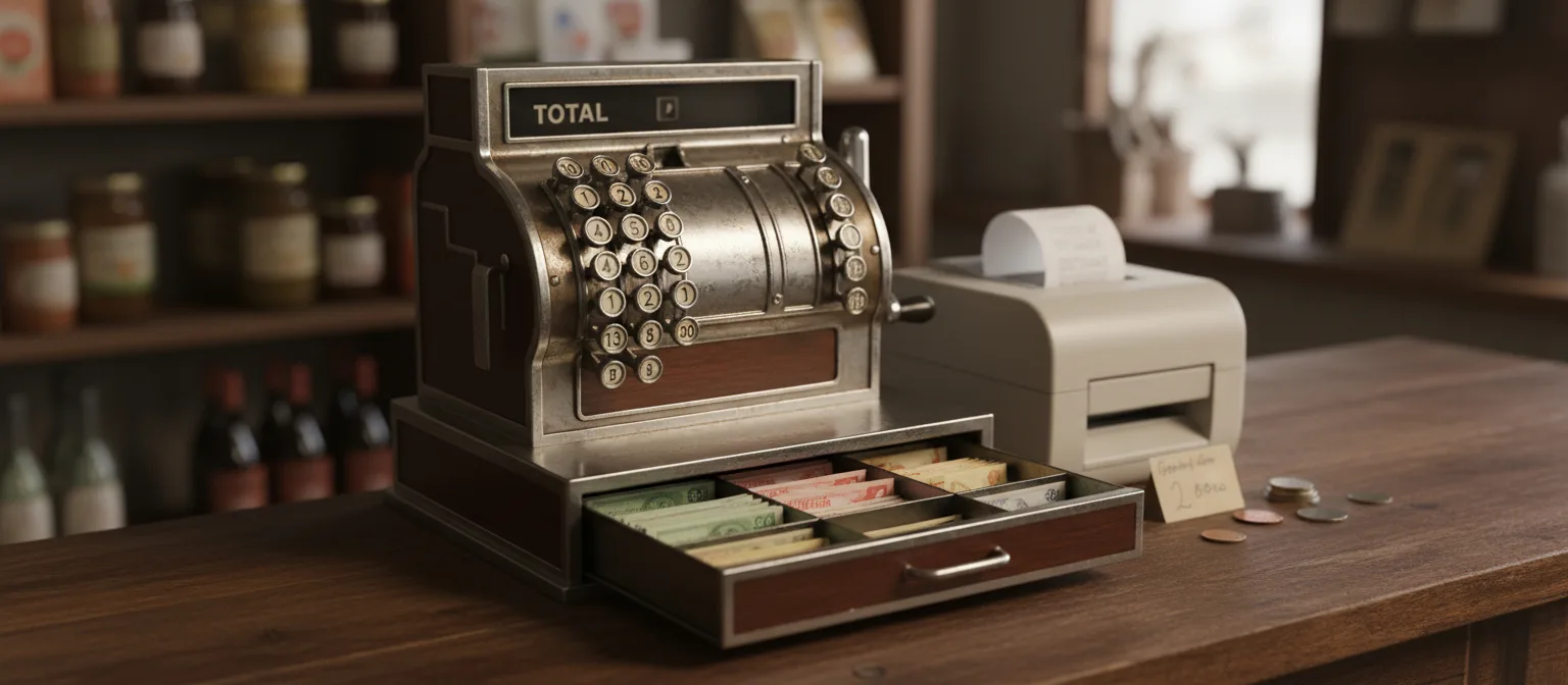 Traditionelle mechanische Registrierkasse mit separatem Bondrucker und Kassenschublade