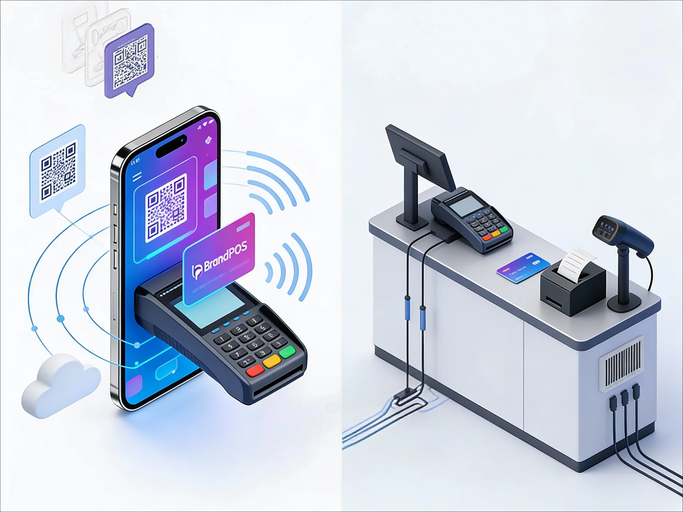 Infografik zum Vergleich von SoftPOS-Mobilzahlungen vs. traditioneller Kassensystem-Hardware-Einrichtung 2026